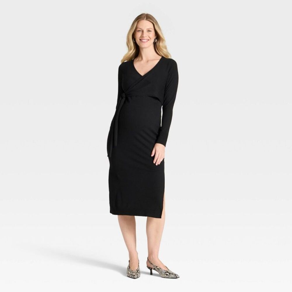 Long Sleeve Wrap Midi Maternity Sweater Dress - Black XL